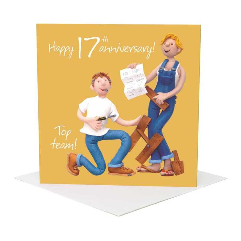 Top team 17th wedding anniversary card for a couple - designed by Erica Sturla - 15cm square and blank inside, made in the UK