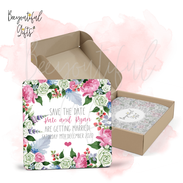 Personalised Save The Date Coaster - Floral Frame - Standard Wooden Coaster