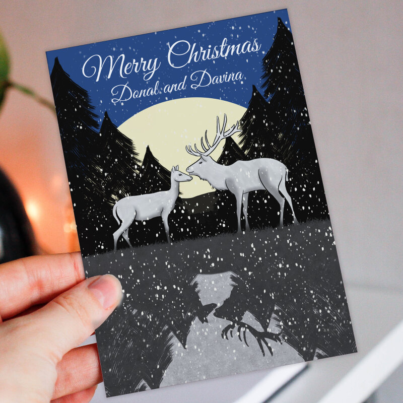 Merry Christmas personalised with names reindeer winter scene Holidays, Xmas, festive card for couple, friends, parents (Size A6/A5/A4) - A6: Single card