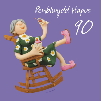 Penblwydd hapus, 90th female Welsh language age birthday card by Erica Sturla. Card is 15cm square and blank inside