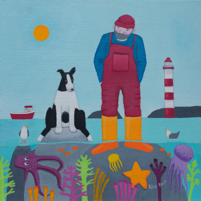 Holy Mackerel a nice day for a paddle seaside themed art card for him or her - designed by artist Ailsa Black - 15cm square and blank inside for your message