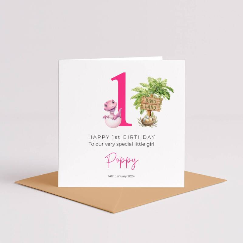 Personalised 1st birthday, 2nd or 3rd Baby Dinosaur Card Customised Handmade for Girls - Smooth No Message - Kraft Brown