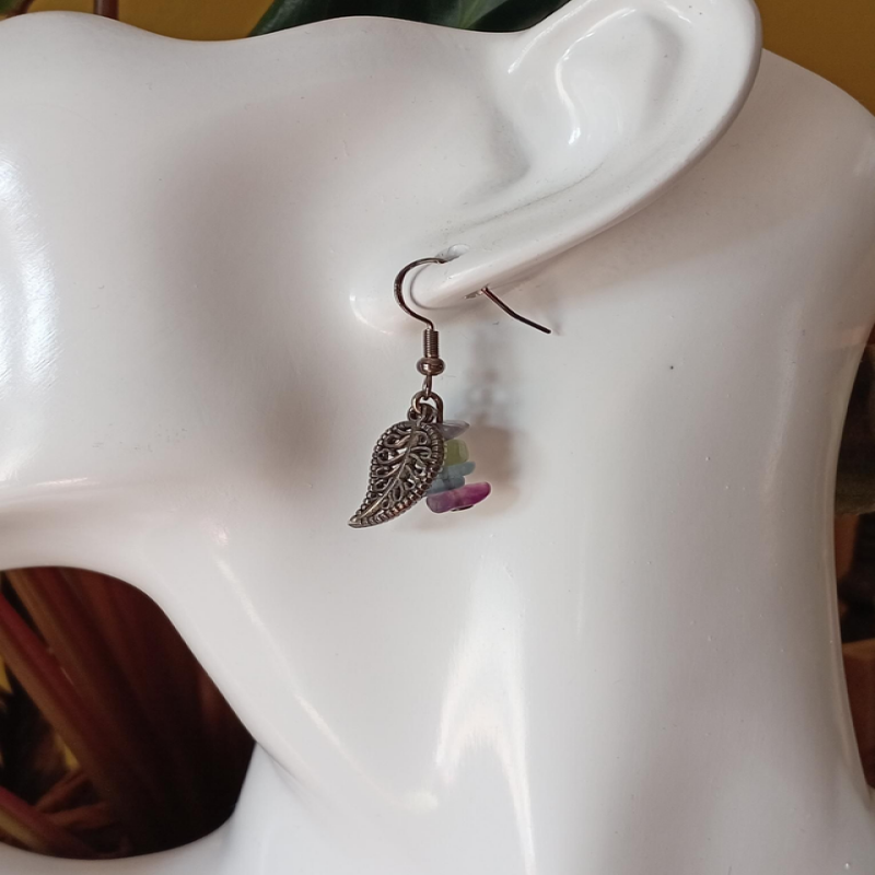 Fluorite Chips & Leaf Sterling Silver Earrings