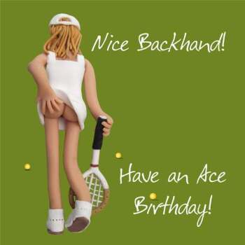 Holy Mackerel nice backhand cheeky tennis birthday card - designed by artist Erica Sturla - 15cm square and blank inside for your message - made in the UK