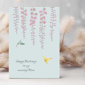 Wisteria and hummingbirds mum birthday card -  designed by Eloise Hall for Holy Mackerel - 15.7 x 11cm and blank inside, made in the UK