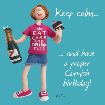 Proper Cornish Birthday Greetings Card, Designed by Erica Sturla for Holy Mackerel. Card is 150mm Square and Blank Inside.