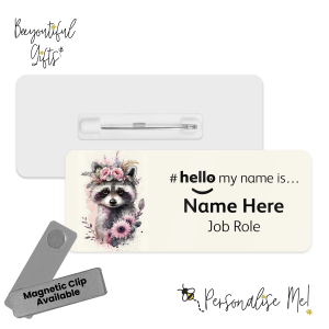 Name Badge - Cute Pink Floral Animals Hello My Name is... - Raccoon