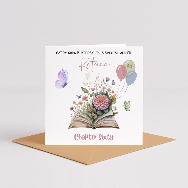 Personalised 60th Birthday Card for Auntie - Floral Book Design with Butterflies & Balloons - Smooth No Message - Custom Add to Notes