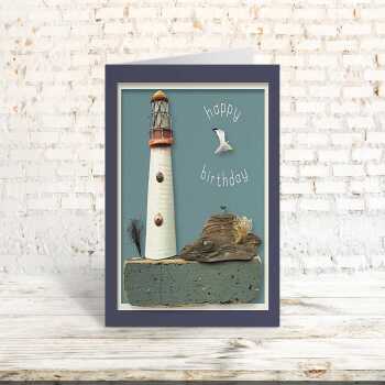Happy birthday lighthouse - coastal lighthouse themed birthday card - designed by Seth Draper - 15cm square & blank inside, made in the UK