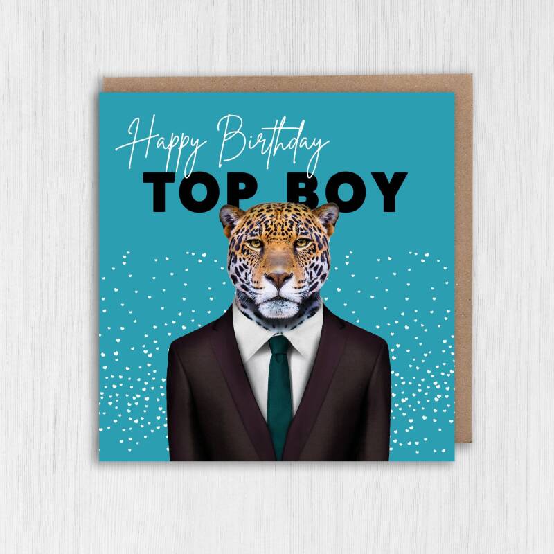 Happy Birthday Top Boy Jaguar animal in clothes card for boyfriend, husband, male, brother (Animalyser) Size A6/A5/A4/Square - A6: Single card