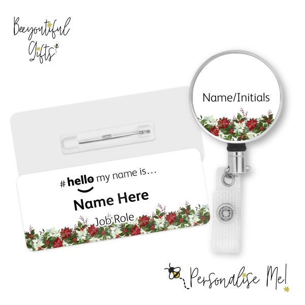 #hello my name is... Name Badge & Metal ID Reel - Poinsettia Border