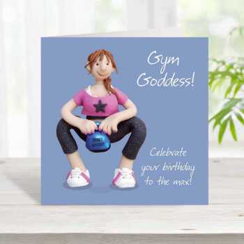 Gym goddess fitness themed birthday card for her - designed by Erica Sturla - 15cm square and blank inside, made in the UK