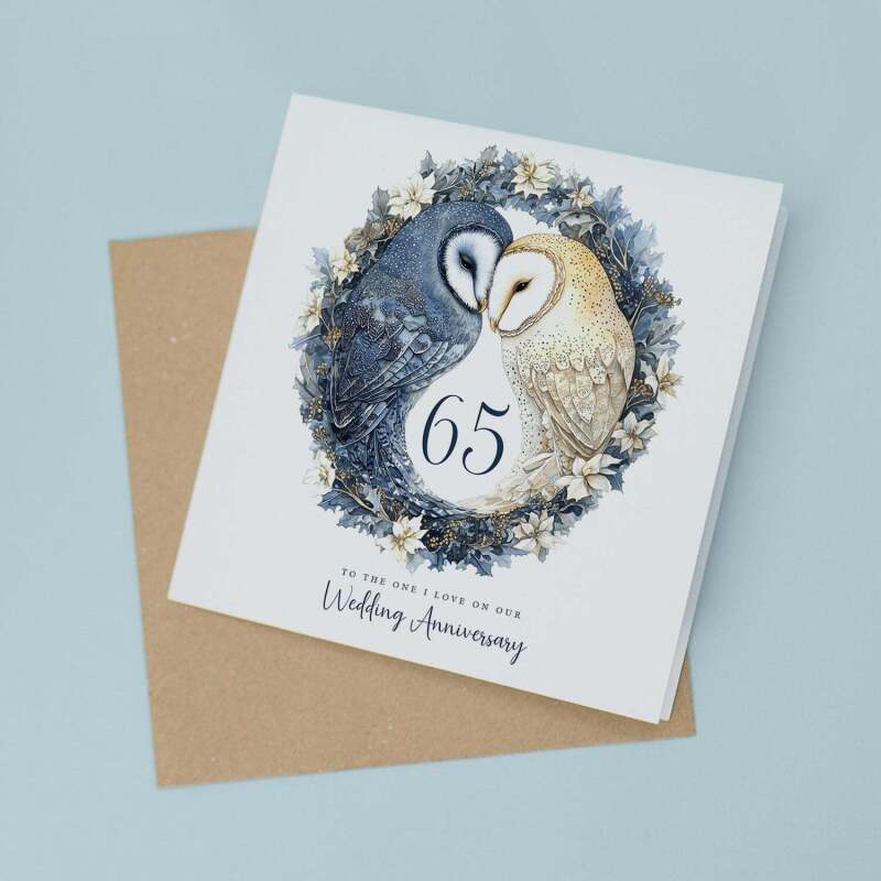 65th Wedding Anniversary Card Pretty Owl Design 65 Year Anniversary Blue Sapphire Wedding Anniversary Card - Square (5.5x5.5) / Blank Inside