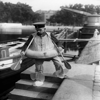 Holy Mackerel water safety retro black and white photographic card featuring a vintage image of unusual protective equipment - 12.6 x 17.7cm and blank inside