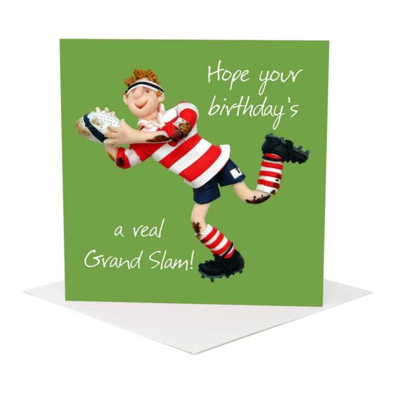 Rugby themed birthday card for him - designed by Erica Sturla - 15cm square and blank inside, made in the UK