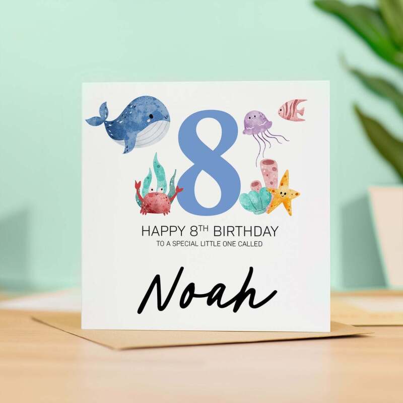 Personalised 8th Birthday Children's Card Sealife Themed Eighth Birthday Card For Boy or Girl Eight Years Custom Card - Square (5.5x5.5) / Blank Inside