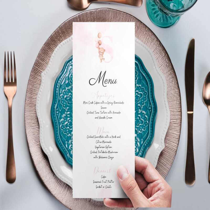 Printed Menu Event for Girl Personalised with Initial and Courses | Teddy Bear | Party, Birthday, Baby Shower, Baptism, Communion - Squared - Sample (not custom)