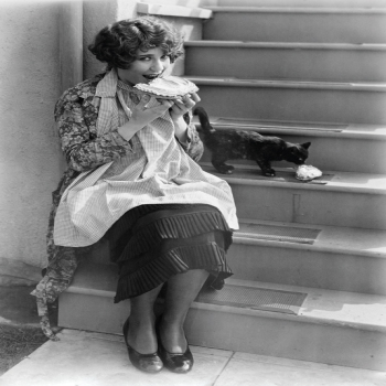 Holy Mackerel sharing a pie retro black and white photographic card featuring a vintage image of a woman and her cat - 12.6 x 17.7cm and blank inside