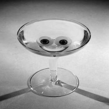 Holy Mackerel happy hour retro black and white photographic card featuring a vintage image of a smiling martini - 12.6 x 17.7cm and blank inside