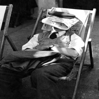 Holy Mackerel asleep under newspaper retro black and white photographic card featuring a vintage image of a man in a deckchair - 12.6 x 17.7cm and blank inside