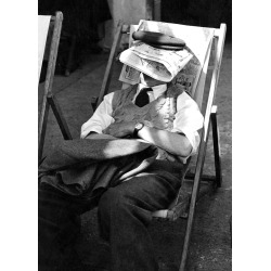 Holy Mackerel asleep under newspaper retro black and white photographic card featuring a vintage image of a man in a deckchair - 12.6 x 17.7cm and blank inside