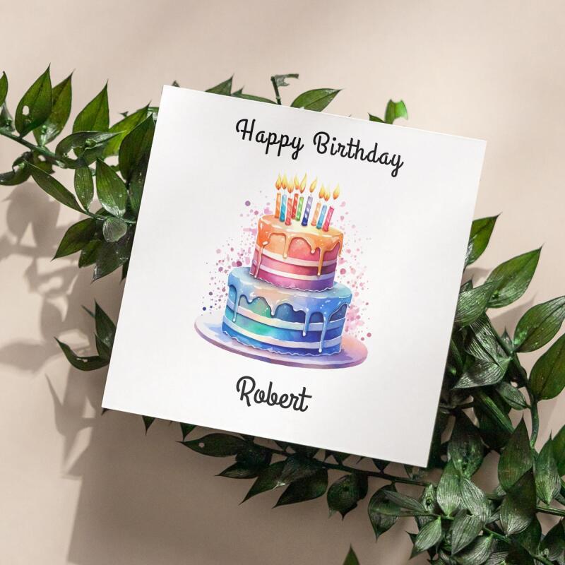 Personalised birthday card custom with vibrant two-tiered cake, colourful icing, lit candles, watercolour - Smooth No Message - Kraft Brown