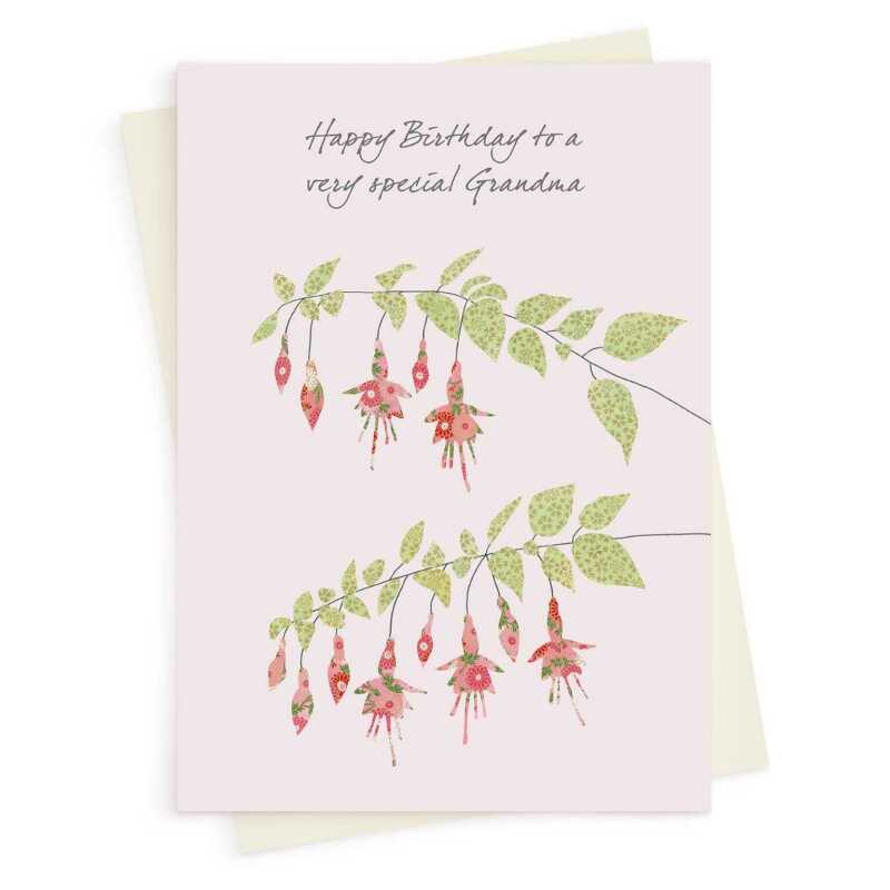 Fuchsias grandma birthday card -  designed by Eloise Hall for Holy Mackerel - 15.7 x 11cm and blank inside, made in the UK