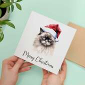 Fun Christmas Card of a Ragdoll Cat Wearing A Santa Hat Whimsical Watercolour Christmas Card For Animal Lover For Him or Her