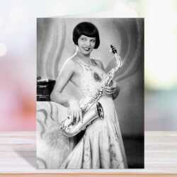 Girl with sax - vintage black and white themed card featuring a saxophone being played - 12.6 x 17.7cm and blank inside - made in the UK