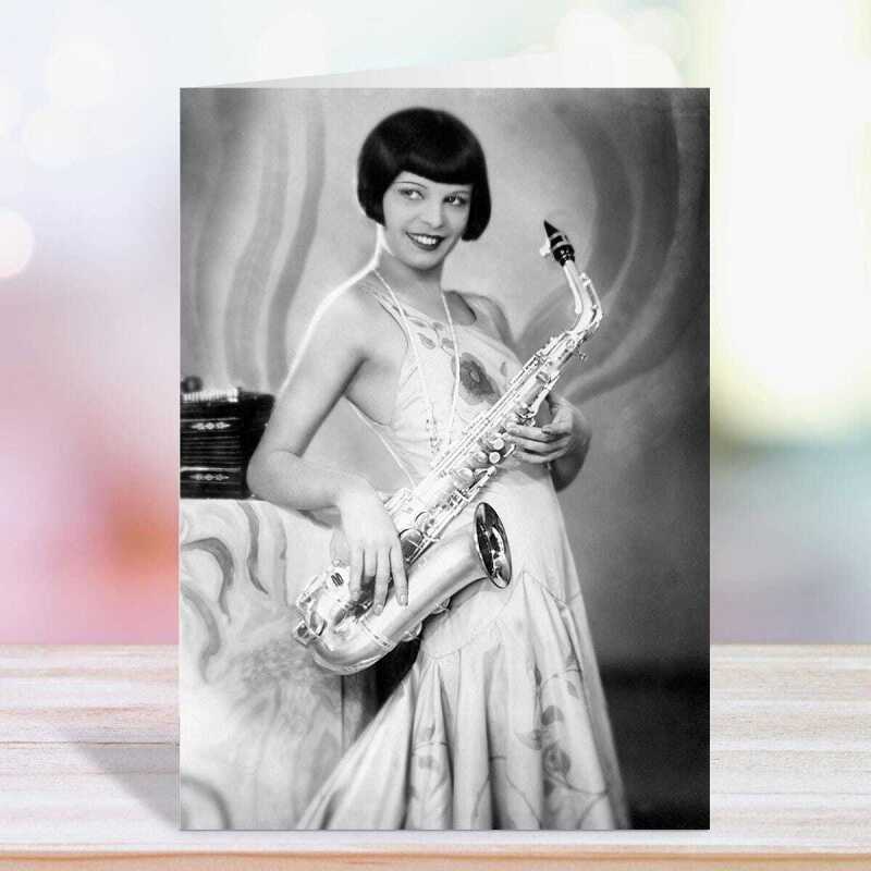 Girl with sax - vintage black and white themed card featuring a saxophone being played - 12.6 x 17.7cm and blank inside - made in the UK