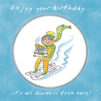 Holy Mackerel Downhill from here, a 15cm square ski and sports themed birthday card featuring Rosie Brooks artwork, blank inside for your message