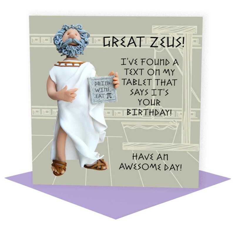 Great Zeus themed birthday card - designed by Erica Sturla - 15cm square and blank inside, made in the UK