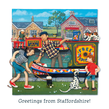 Greetings from Staffordshire, a 150mm square canal boat themed card by artist Erica Sturla, blank inside for your message