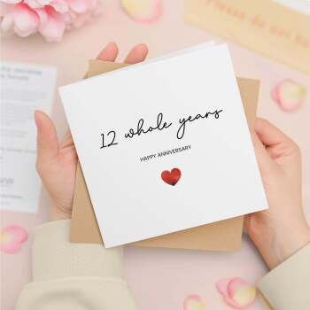 12th Anniversary Card For Wife, Husband, Girlfriend or Boyfriend, Simple Love Heart, Modern & Charming Gesture