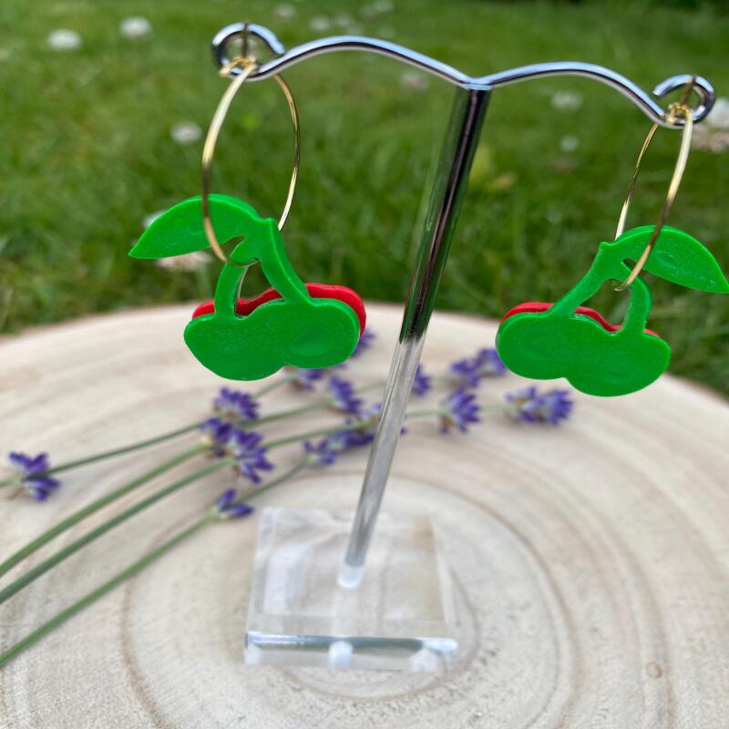 Handmade Polymer Clay Cherry Hoop Earrings: Rockabilly Style - silver