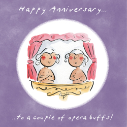 Holy Mackerel Opera buffs, an opera themed Rosie Brooks LGBTQ anniversary greetings card, 150mm square, printed in the UK on board from sustainable sources