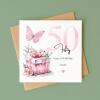 Personalised 50th Birthday Card for Her Pink Butterfly, Gift Box & Flowers Milestone Greeting Womens - Smooth No Message - Kraft Brown