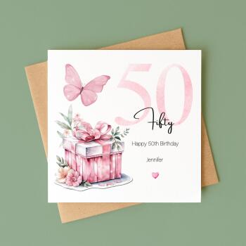 Personalised 50th Birthday Card for Her Pink Butterfly, Gift Box & Flowers Milestone Greeting Womens