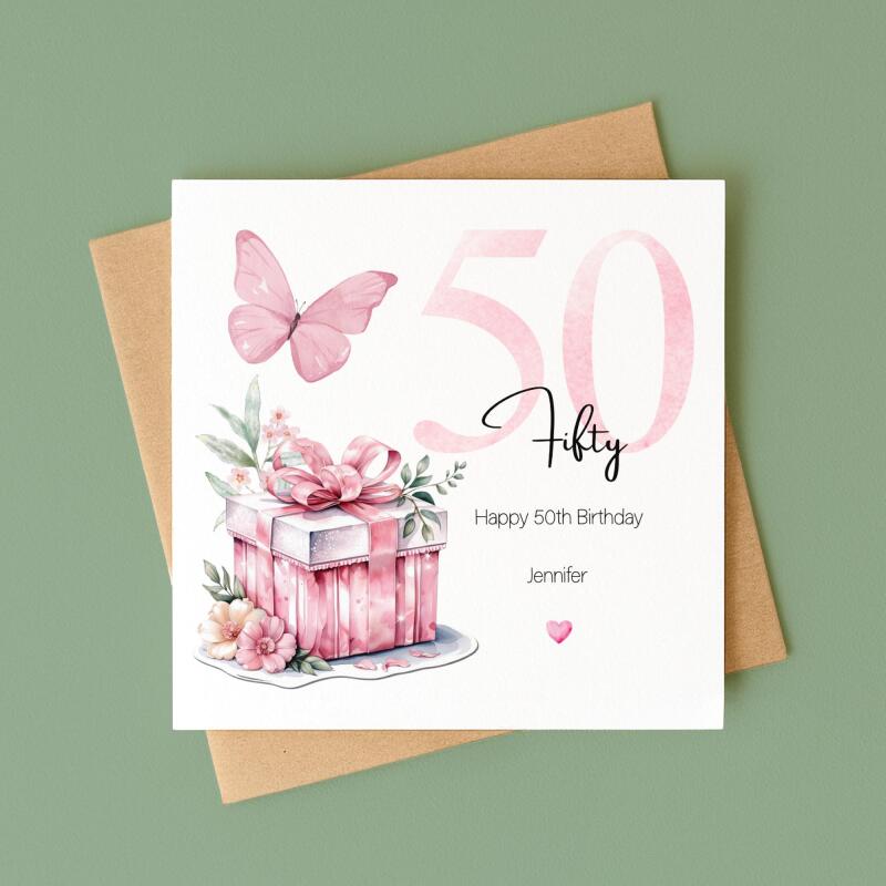 Personalised 50th Birthday Card for Her Pink Butterfly, Gift Box & Flowers Milestone Greeting Womens - Smooth No Message - Kraft Brown
