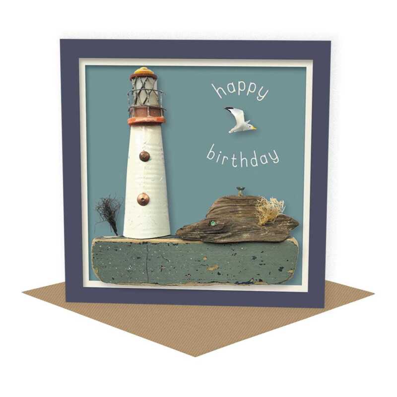 Happy birthday lighthouse - coastal lighthouse themed birthday card - designed by Seth Draper - 15cm square & blank inside, made in the UK