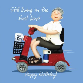 Holy Mackerel Fast lane (male), an Erica Sturla birthday greetings card featuring a mobility scooter, for Dad, Grandad etc. 15cm square, blank inside & made in the UK