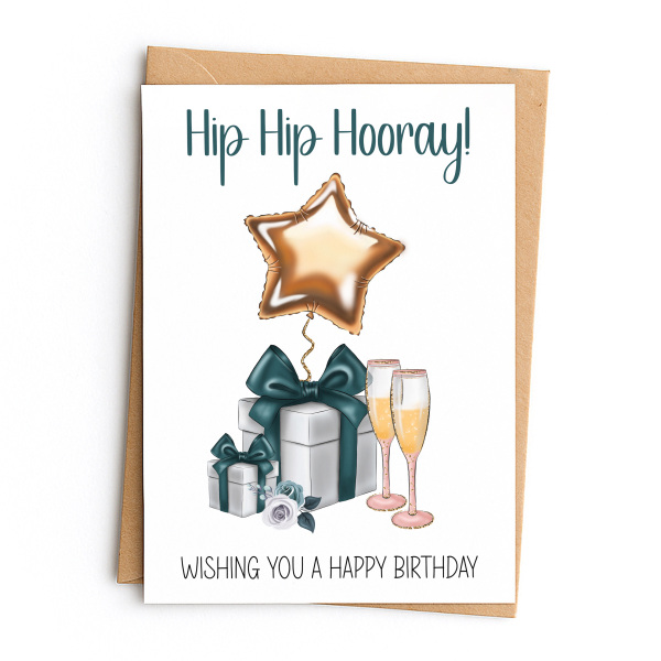 Birthday Card - Hip Hip Hooray! Wishing You a Happy Birthday - Small (Approx. A6 | 105mm x 148mm | 4.1in x 5.8in) - Standard Smooth Card