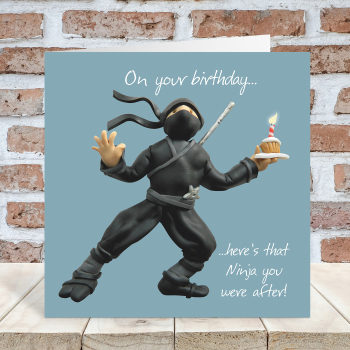 Funny Ninja birthday card for her or him - designed by Erica Sturla - 15cm square and blank inside