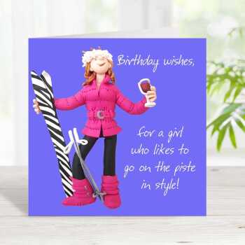Skiing themed birthday card for her - designed by Erica Sturla - 15cm square and blank inside, made in the UK