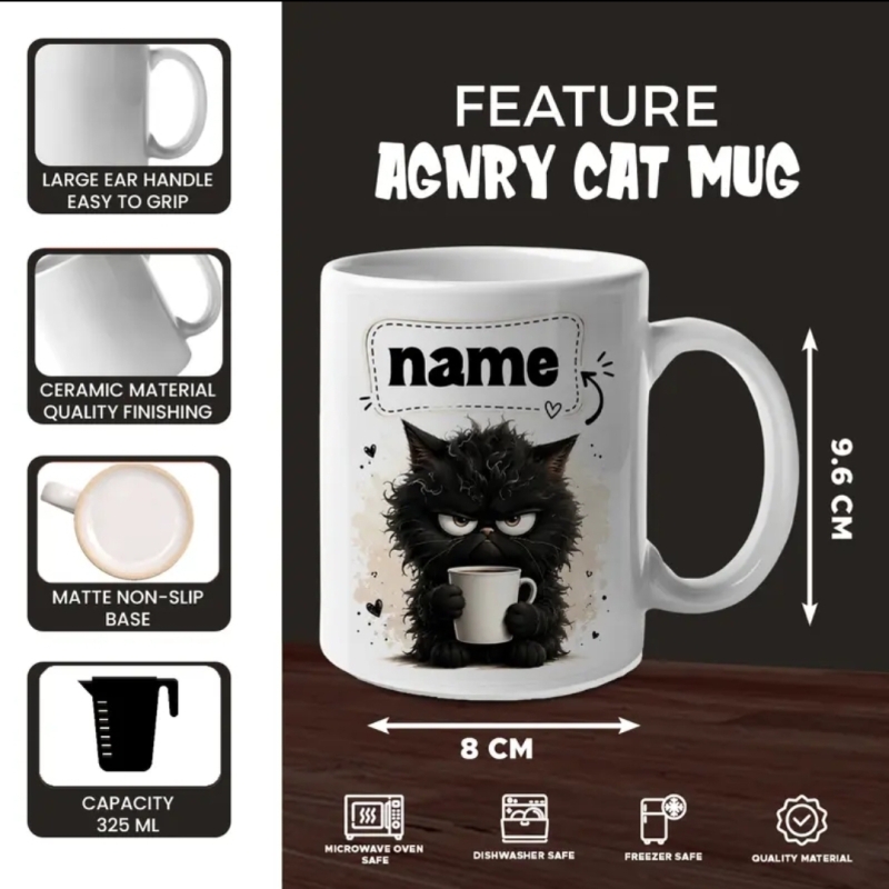 Personalised Black Cat White Ceramic Coffee Mug – Custom Name