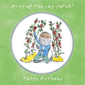 Holy Mackerel King of the veg patch, a gardening themed Rosie Brooks birthday greetings card, 150mm square, printed in the UK on board from sustainable sources