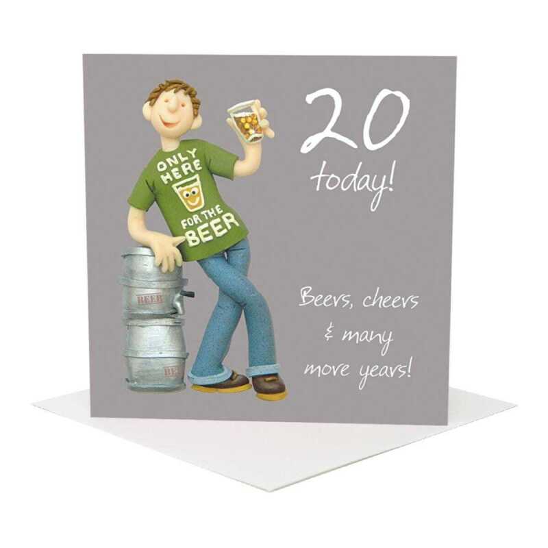 20th birthday card for him - designed by Erica Sturla - 15cm square and blank inside, made in the UK