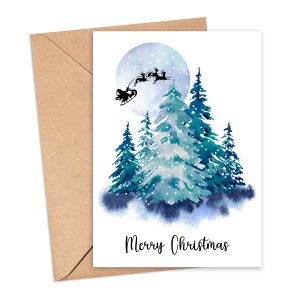 Christmas Card - Watercolour Moonlit Santa's Sleigh