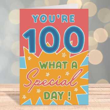 100 special day, a bright and fun 100th birthday card with a gorgeous printed envelope - 12 x 17cm and blank inside - made in the UK