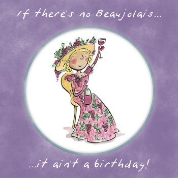 Holy Mackerel Beaujolais, a 15cm square wine themed birthday card featuring Rosie Brooks artwork, blank inside for your message